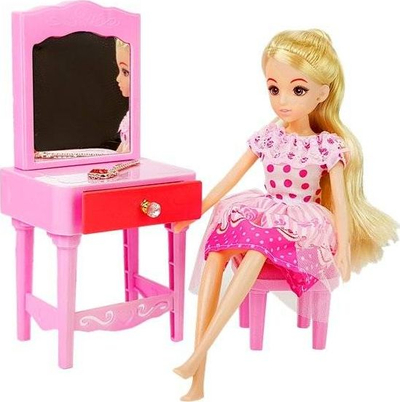 Set lodrash LEAN Toys Doll Furniture, shtrat dollap tavolinë grimimi, shumëngjyrësh