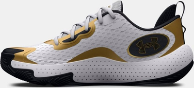 Atlete basketbolli Under Armour Spawn 5 për meshkuj, me amortizim Micro G, të bardha me të arta