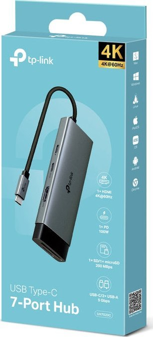 Hub USB C TP-Link UH7020C, 7 porta, HDMI 4K, gri