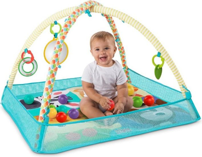 Tapet loje për bebe Bright Starts More-in-One Ball Pit Fun Activity Gym, me harqe dhe lodra që varen, me topa shumëngjyrësh, shumëngjyrësh