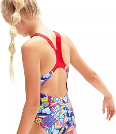 Kostum noti për goca Speedo Girl's Splashback, ECO Endurance+, me print shumëngjyrësh, blu me të kuqe