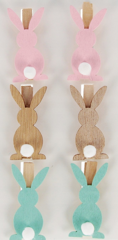 Дрвени декоративни штипки CRAFT WITH FUN 555440, во форма на зајаче, 6 парчиња, повеќебојни