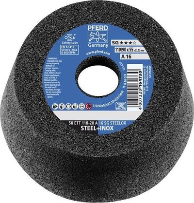 Rrotë gërryese PFERD Cup Wheel 50 ETT 110-20 A16 SG STEELOX, për hekur dhe inoks, e zezë