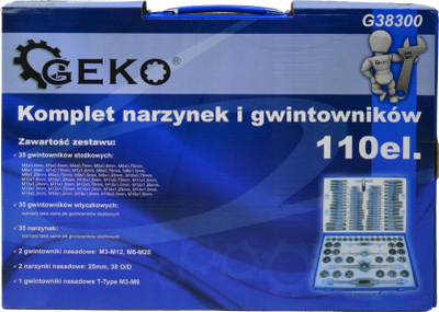 Set tapa dhe filiera GEKO, 110 pjesë, metrik, në kuti metal