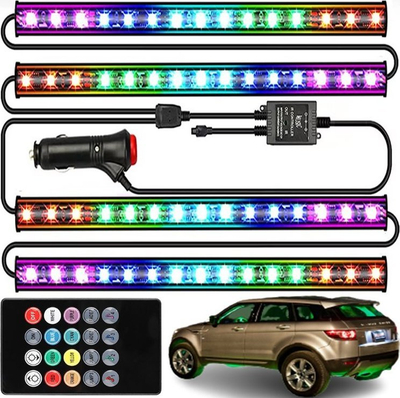 Ndriçim LED RGB për brendësi veture, 4 shirita, telekomandë, shumëngjyrësh