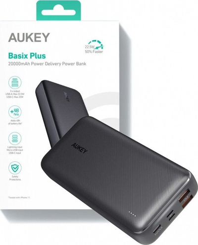 Power bank Aukey Basix Plus PB-N74S, 20000mAh, 22.5W QC PD, ngjyrë e zezë