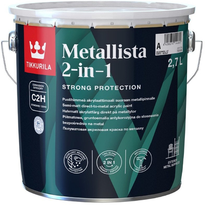 Bojë antikorrozive për metal Tikkurila Metallista 2in1, 2.7L, gjysmë e mat, e bardhë e nuancueshme