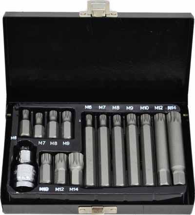 Set bitash spline AWTOOLS BL, 15 copë, çelik S2, në kuti metal, gri