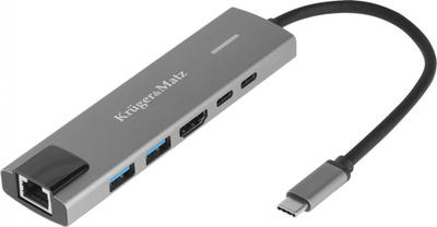 Adapter USB C Kruger&amp;Matz KM1990, HDMI, 2x USB 3.0 RJ45, gri metalik