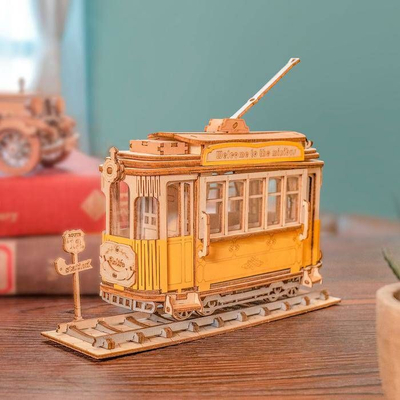 Puzzle 3D druri Robotime ROETG505 Tramcar, model tramvaji, klasik, ngjyrë druri