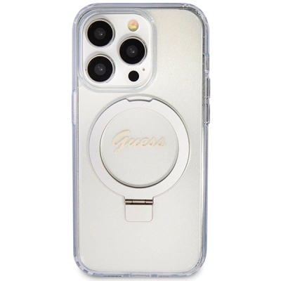 Mbrojtëse telefoni Guess Script Glitter për iPhone 15 Pro 6.1", me MagSafe dhe unazë mbajtëse, transparente