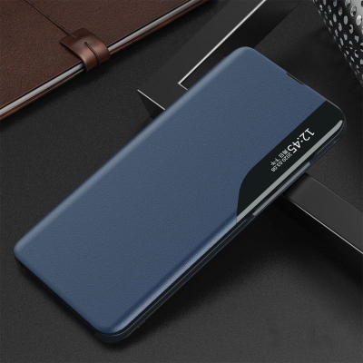 Футрола за телефон Hurtel View Case за iPhone 16e, еко кожа, со држач, сина