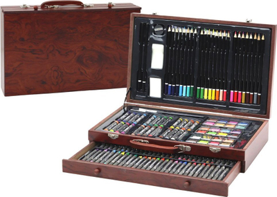 Set vizatimi Leantoys Artistic, 145 pjesë, valixhe druri, ngjyrë natyrale