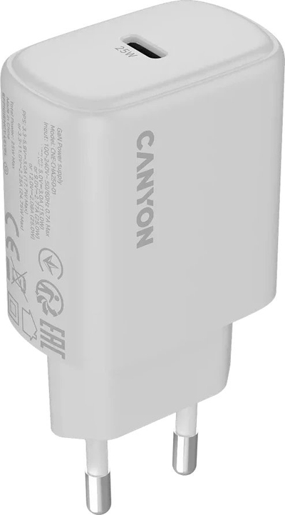 Ѕиден полнач Canyon OnCharge 250, 25W PD, 1x USB C, бел
