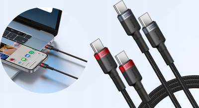 Kabllo karikimi Baseus Cafule USB C në USB C, 100W, 1m, e kuqe e zezë dhe gri e zezë