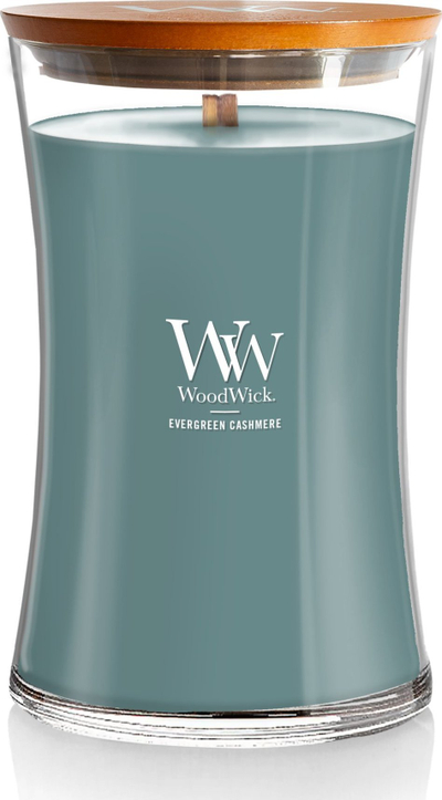 Qiri me aromë WoodWick Evergreen Cashmere, i madh, 180 orë, jeshil