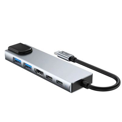 Адаптер USB C Tech-Protect HB02, хаб 6 во 1, HDMI 4K, RJ45, сиво сребрен