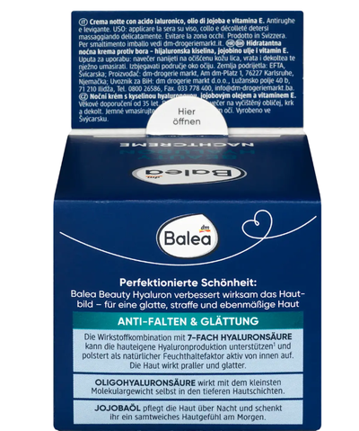Krem nate për fytyrë me acid hialuronik Balea, 50 ml