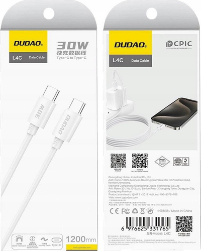 Kabllo karikimi Dudao L4C USB C në USB C, 30W, 1.2m, e bardhë