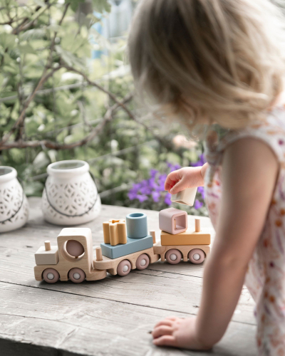 Lodër tren prej druri Baby's Only Wooden Toy Train Earth, me blloqe ndërtimi, shumëngjyrëshe