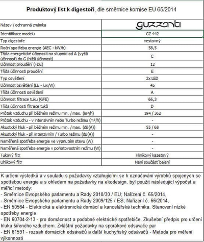 Aspirator i integrum Guzzanti GZ 442, 380 m³/orë, 60 cm, i bardhë
