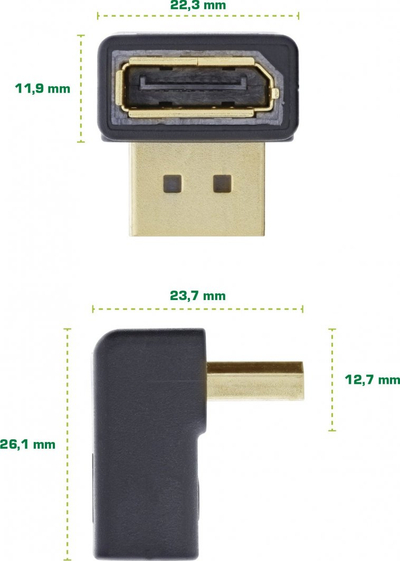 Adapter DisplayPort InLine, mashkull në femër, me kënd lart, 4K 60Hz, i zi