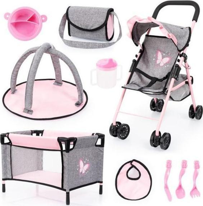 Set karrocë kukllash Bayer Design Doll Buggy, 10 pjesë, gri edhe rozë