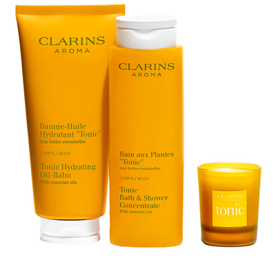 Set për trup Clarins Self-Care Essentials, vaj-balsam për trup 200 ml + tonik për larjen e trupit 200 ml + qiri aromatik 35 g + çantë kozmetike