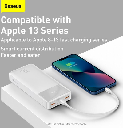 Рowerbank Baseus со дигитален дисплеј Bipow, 20000mAh, 20W, бела
