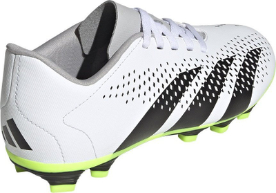 Këpucë futbolli për kalamaj Adidas Predator Accuracy.4 FxG J, taban FxG, për bar natyral, të bardha me detaje të zeza dhe jeshile neon