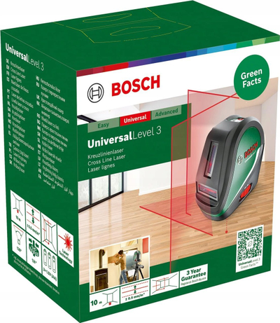 Nivel lazer kryq Bosch UniversalLevel 3, vetërreshtues, rreze 10 m, jeshil