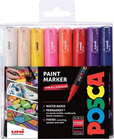 Set markerësh UNI Posca PC1MC, 16 copë, majë e rrumbullakët 0.7mm, shumëngjyrësh