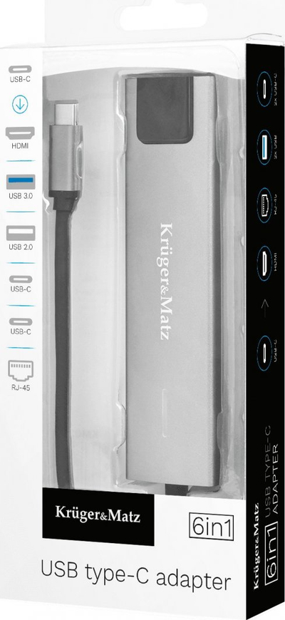 Adapter USB C Kruger&amp;Matz KM1990, HDMI, 2x USB 3.0 RJ45, gri metalik