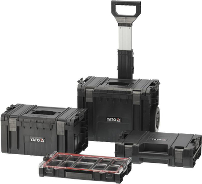 Kuti veglash me rrota Yato System Tool Box YT-09174, set 4 copë, me dorezë teleskopike, ngjyrë e zezë