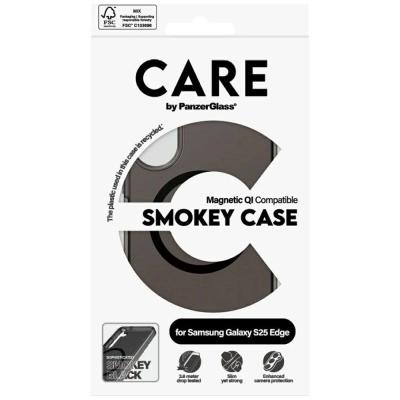 Футрола за телефон PanzerGlass CARE Smokey, компатибилна со Qi, отпорна на паѓања 3.6 m, темно сива за Samsung Galaxy S25 Edge