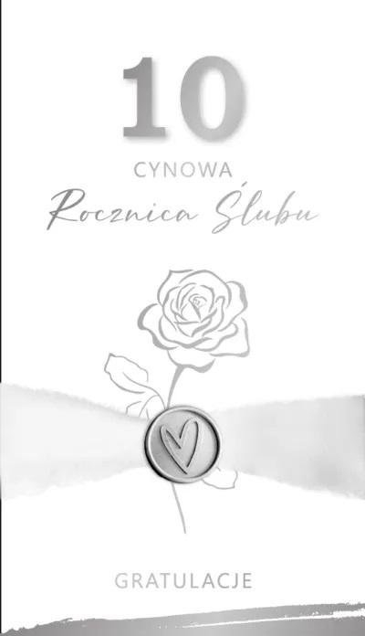 Честитка за 10-годишнина од брак, мотив роза, со плик, бела