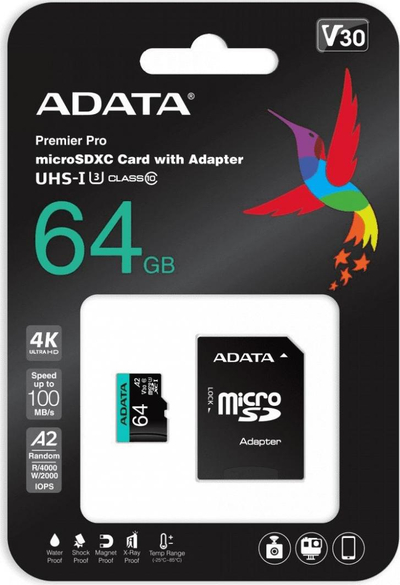 MicroSDXC Premier Pro 64GB UHS1 U3 V30 A2 + adapter (AUSDX64GUI3V30SA2-RA1)