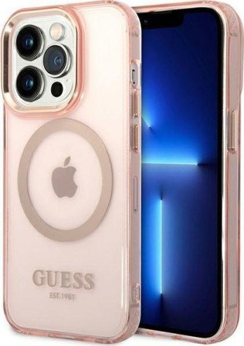 Mbrojtëse telefoni Guess GUHMP14XHTCMP për iPhone 14 Pro Max, MagSafe, e fortë, rozë transparente me kontur ari