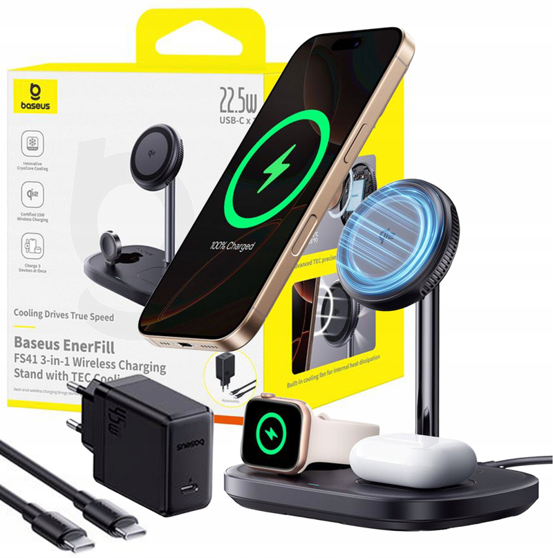 Karikues wireless Baseus EnerFill FS41, 3 në 1, 22.5W Qi2 15W, TEC Cooling, i zi