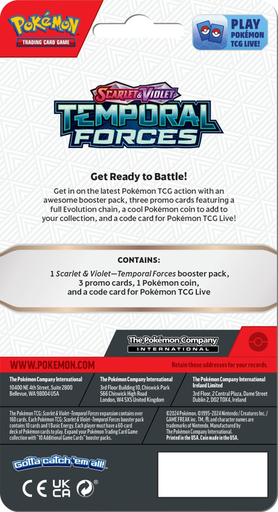 Set letra Pokemon TCG Temporal Forces, Premium Checklane Blister, 1 booster, monedhë metalike