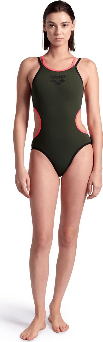 Rrobë banje njëpjesëshe Arena One Double Cross Back, MaxLife Eco, për stërvitje, jeshile e errët me të zezë dhe të kuqe fluo