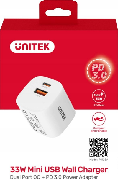 Karikues muri Unitek, 33W, 1x USB C PD, 1x USB A QC 3.0, i bardhë set 2 copë