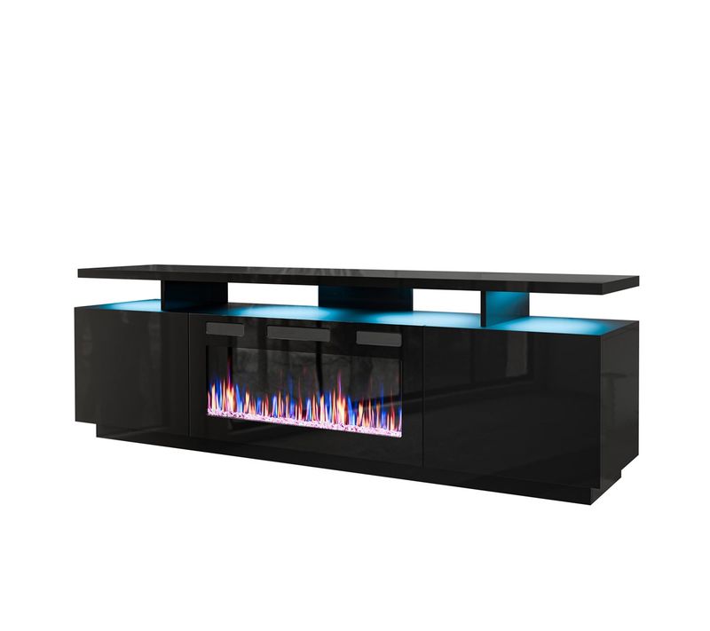 Komodë TV Cama Meble Eva me oxhak elektrik, 180x40x52 cm, MDF me shkëlqim, e zezë