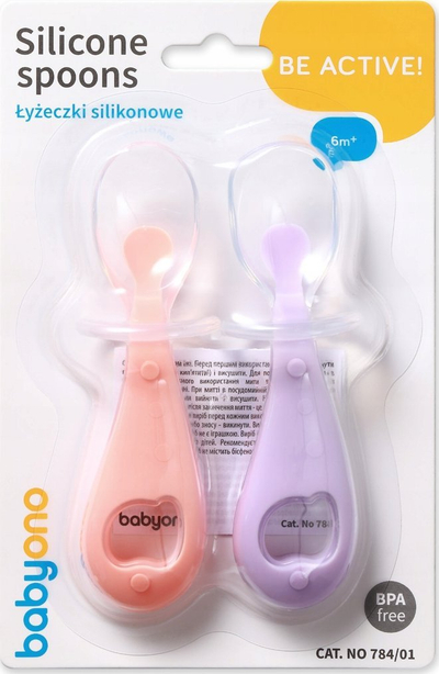 Lugë silikoni për bebe BabyOno 784, set 2 copë, 6m+, rozë vjollcë