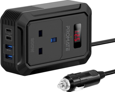 Inverter për makinë Promate Inverto 200W, dalje AC 12V, USB C PD 65W, i zi