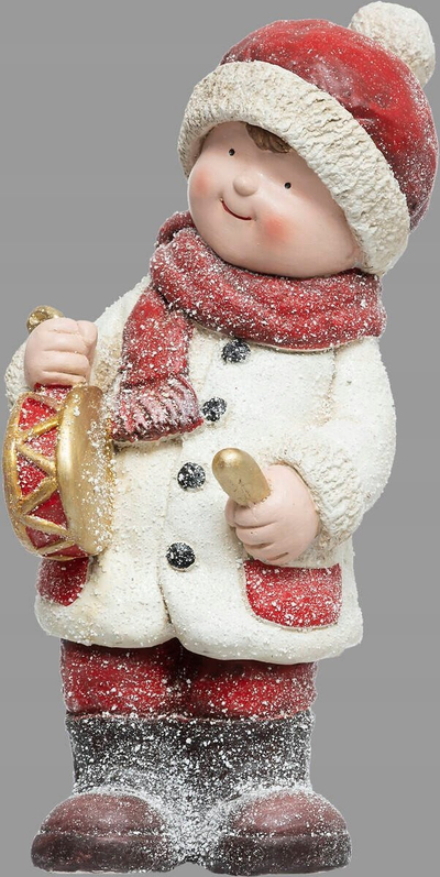 Figurë zbukuruese Feeric Christmas çun muzikant, 42 cm, efekt bore, e kuqe e bardhë