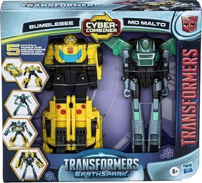 Figura aksion Transformers Hasbro EarthSpark Cyber-Combiner Bumblebee edhe Mo Malto, set me 2 copë, 13 cm, shumëngjyrëshe