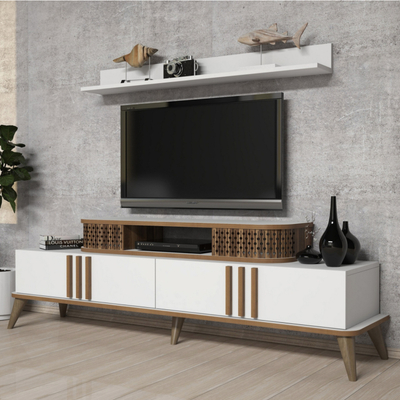 Kabinet TV Kalune Design September, me rafte, këmbë druri, e bardhë