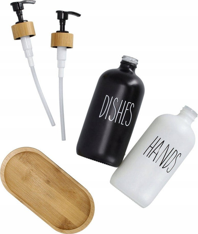 Set me dozatorë sapuni e lëngu enësh me nënstole prej bambuje, 500 ml, 2 copë, ngjyrë e zezë