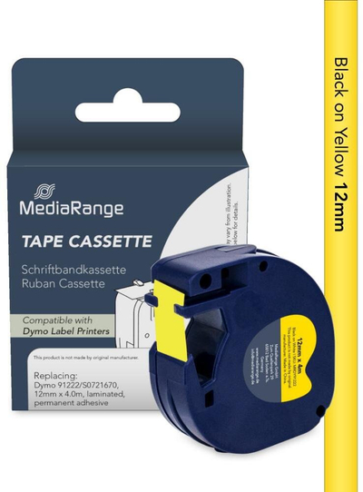 Касета етикети MediaRange, за Dymo, 12mm x 4m, црно на жолто